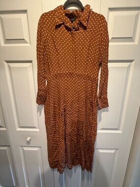 Topshop Rust Brown Polka Dot Long Sleeve Shirt Dress